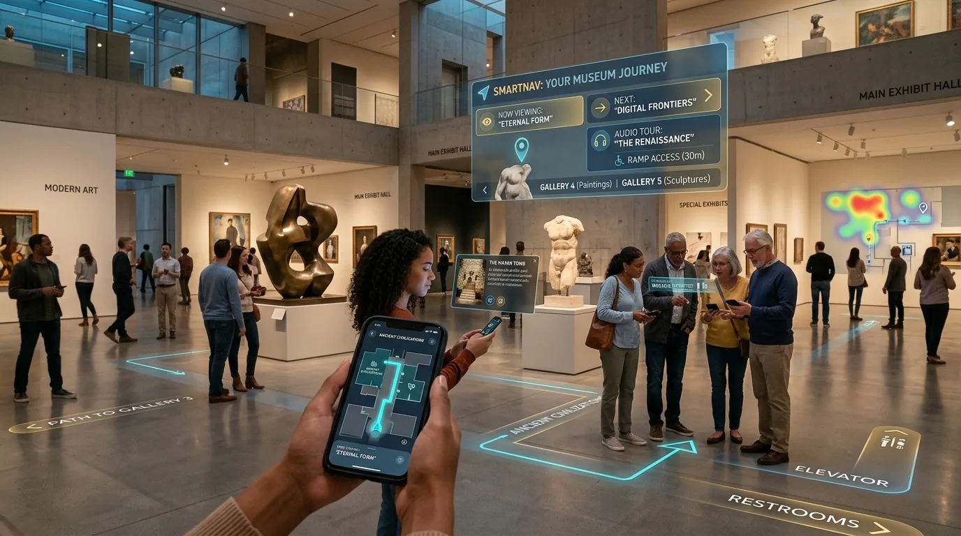 Museum visitor holding a smartphone showing a room-by-room gallery navigation map