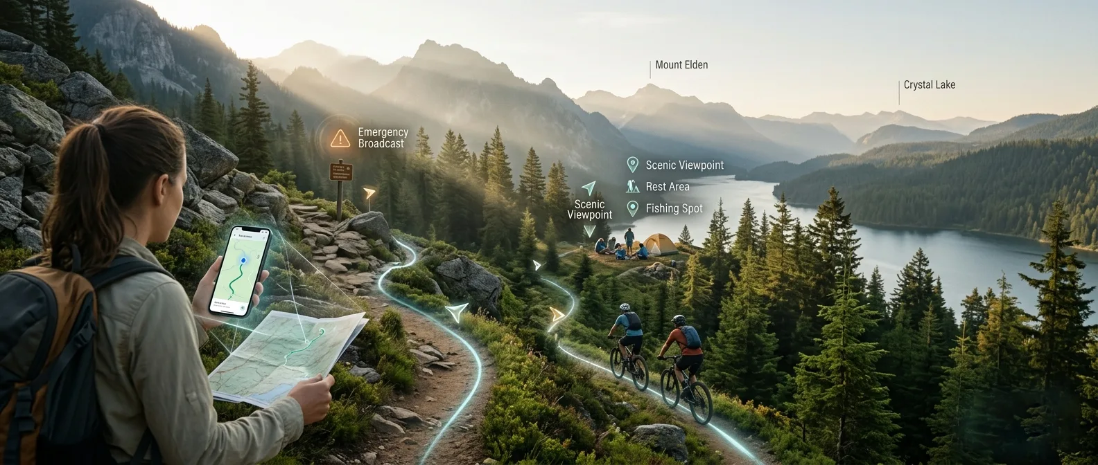 Aerial drone view of a hiking trail with interactive waypoint markers overlaid on the map
